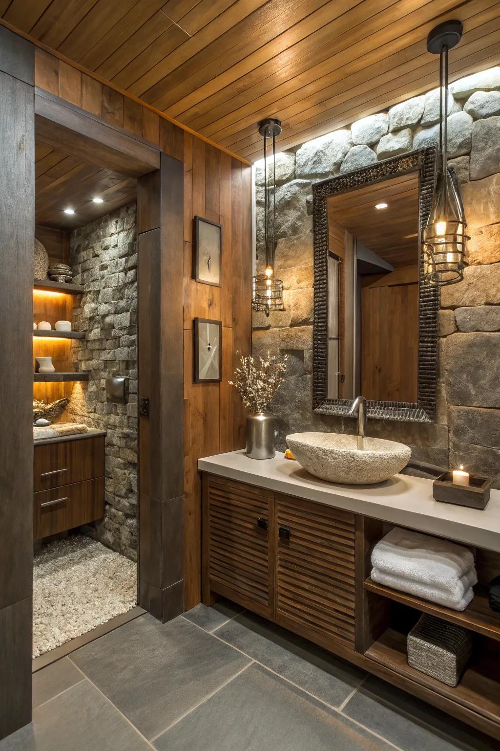 Eclectic bathroom alcove combining wood, stone, and metal for a unique look.