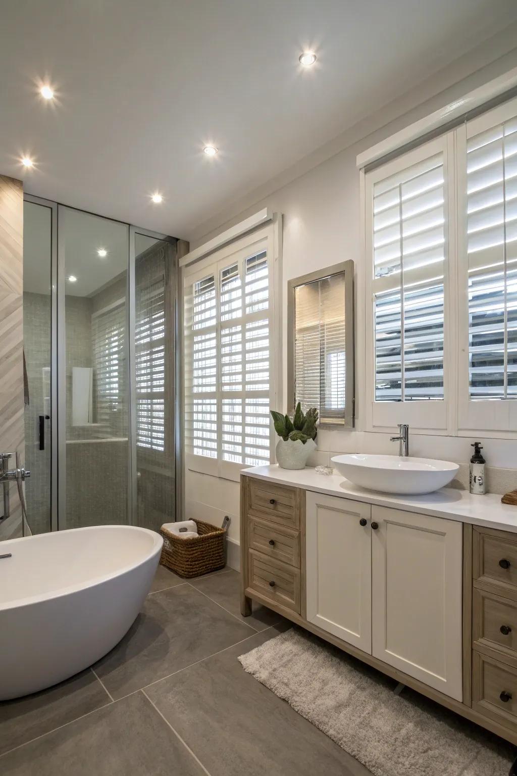Vinyl shutters provide resilience and style in humid bathroom settings.