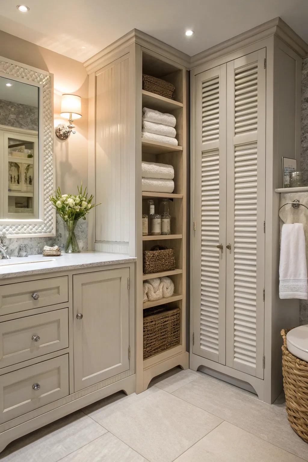 Shuttered cabinet doors add texture and unify bathroom design.