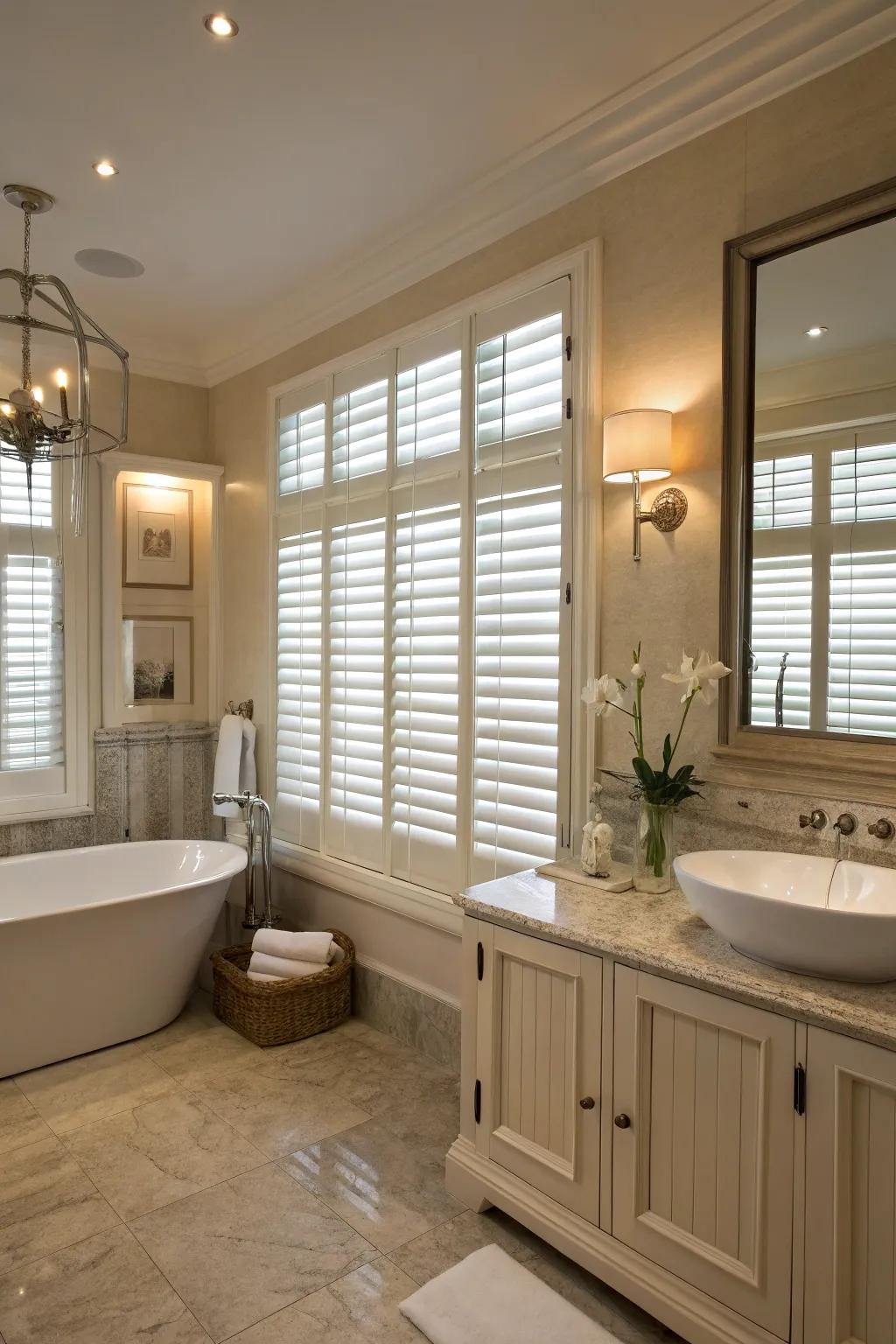 Tier-on-tier shutters offer versatile control over bathroom lighting and privacy.