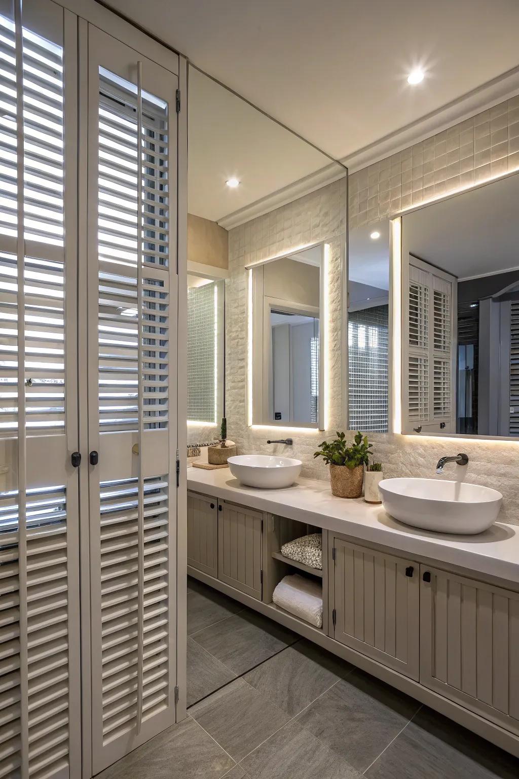 Shutters with integrated mirrors optimize space and style in compact bathrooms.