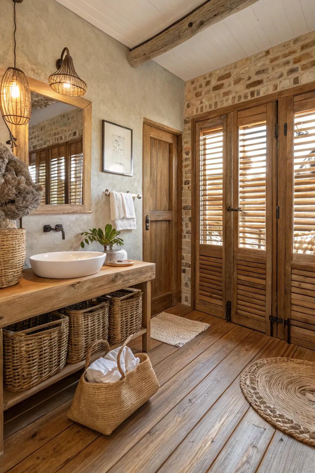 Natural wood shutters bring warmth and organic charm to bathroom spaces.