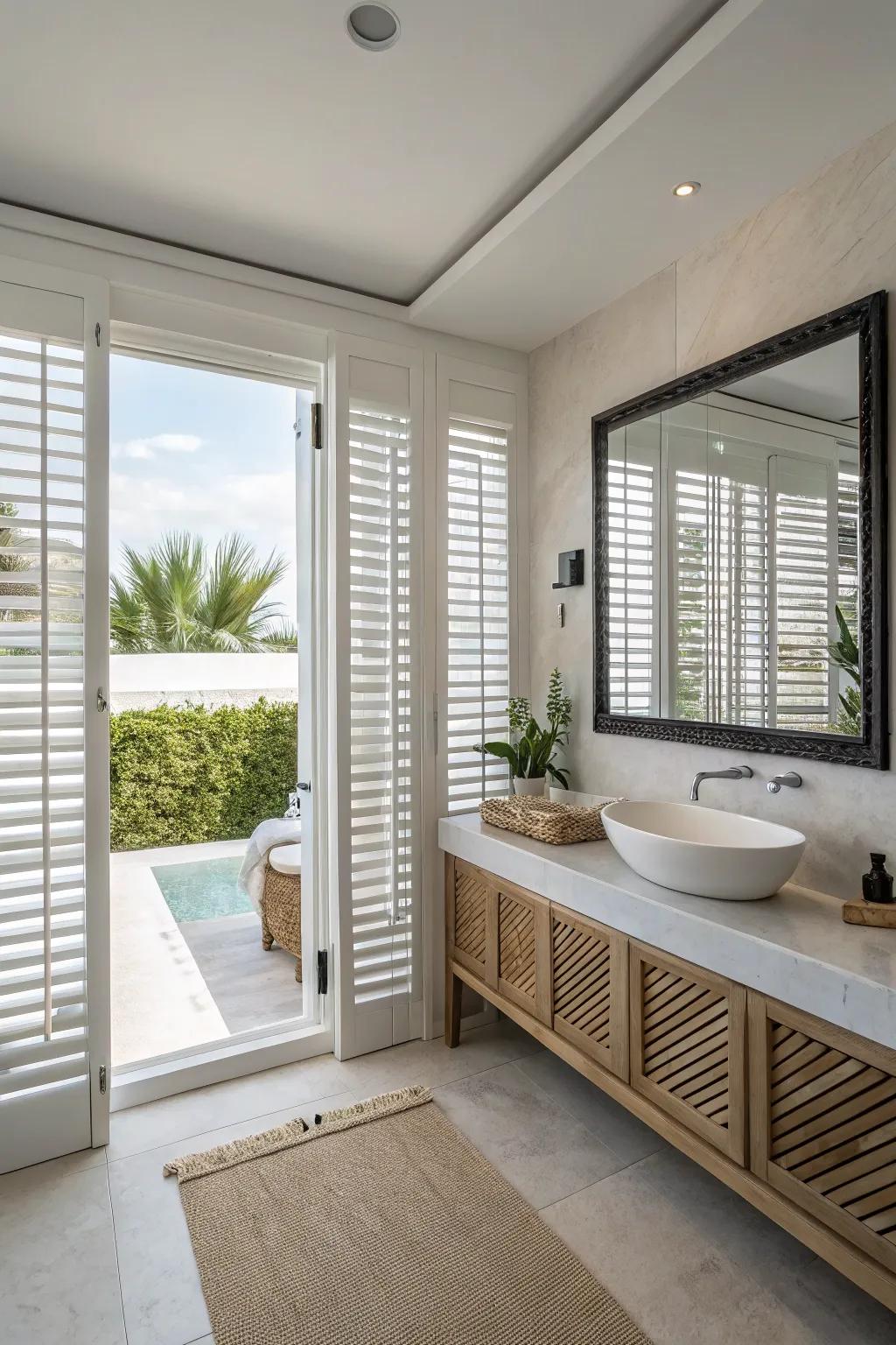 Minimalist shutters provide a clean, modern look for contemporary bathrooms.