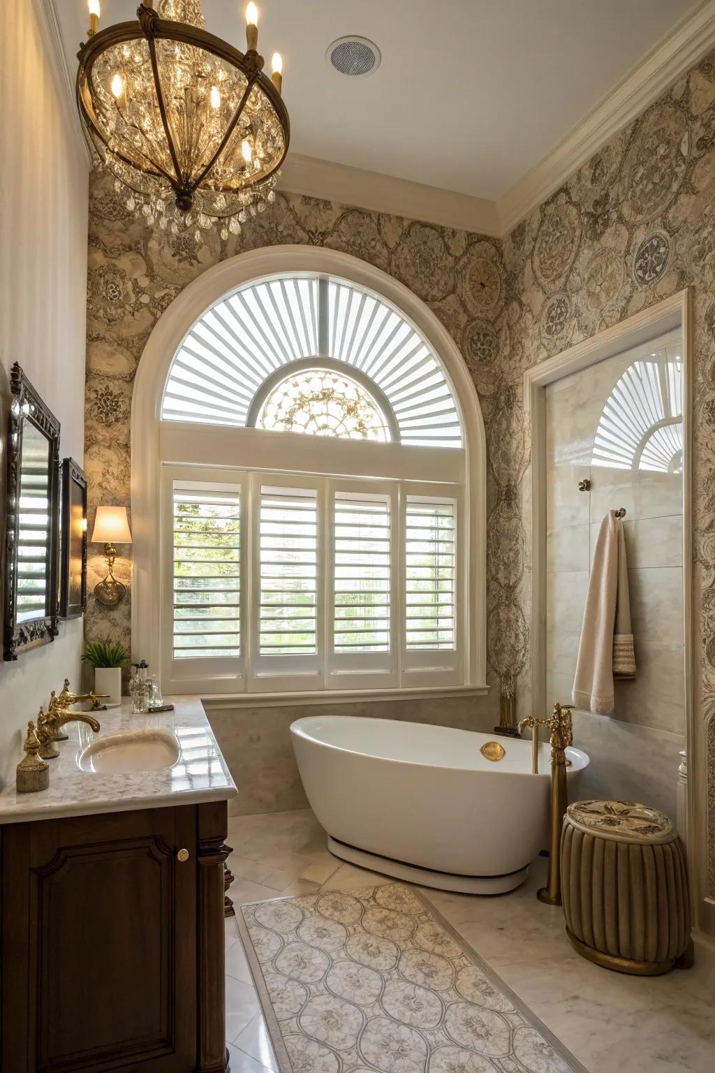Custom-shaped shutters fit uniquely designed bathroom windows perfectly.