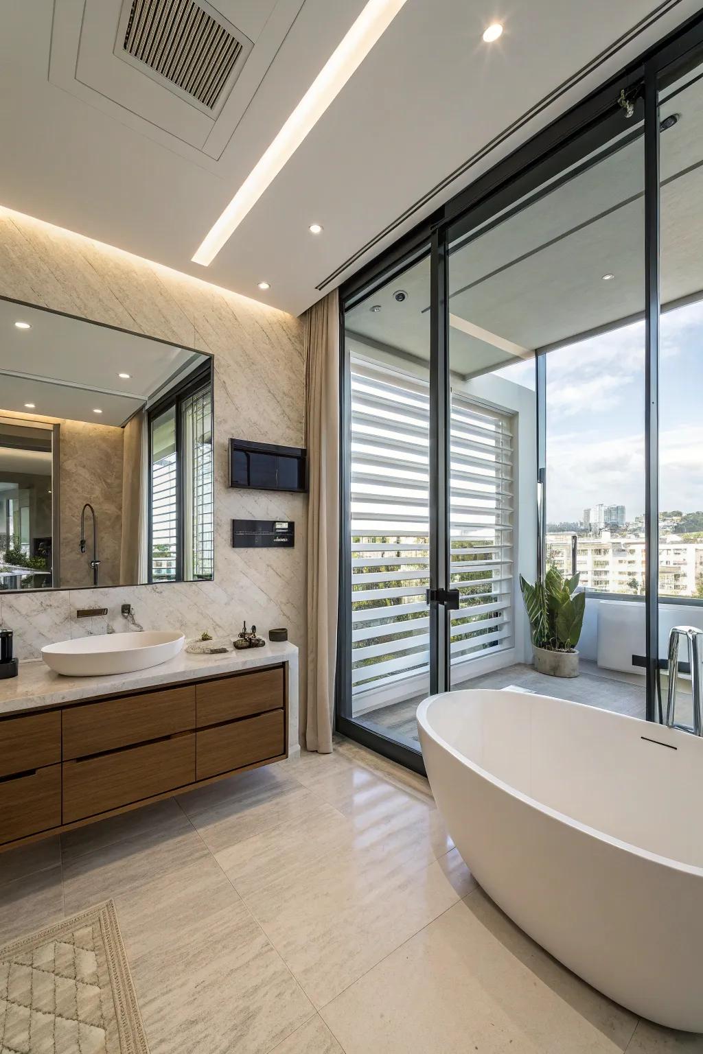 Smart shutters add luxury and ease to contemporary bathroom designs.