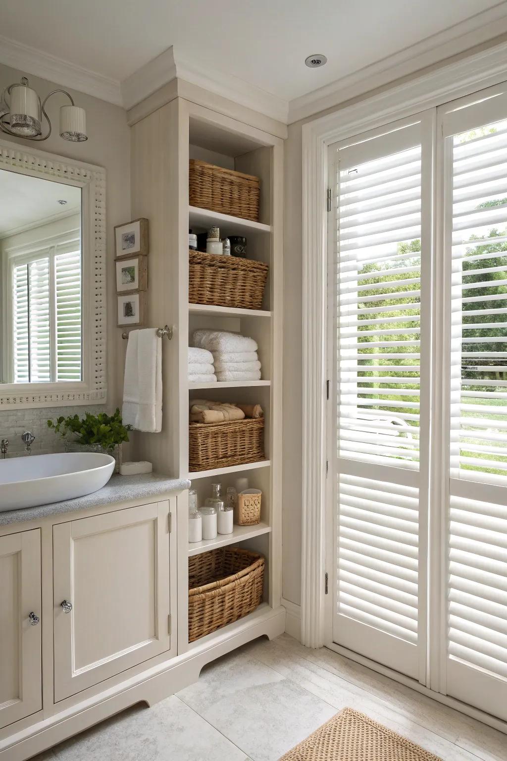Shutters featuring integrated shelving provide stylish storage in compact bathrooms.