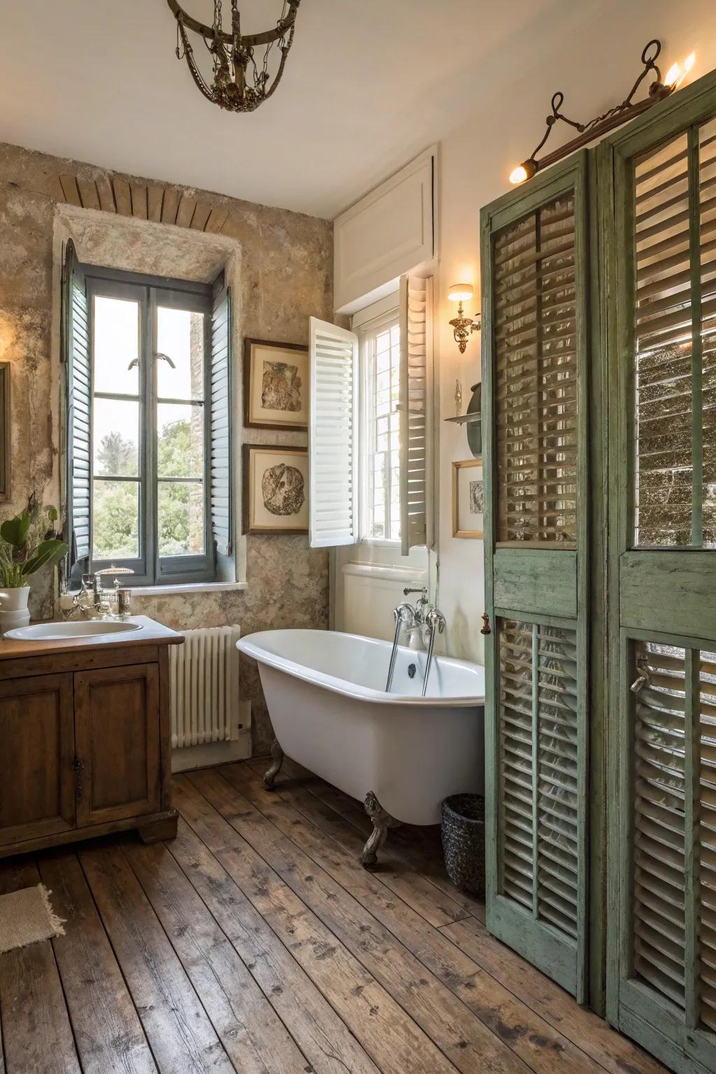 Antique shutters add historical charm and personality to bathroom decor.