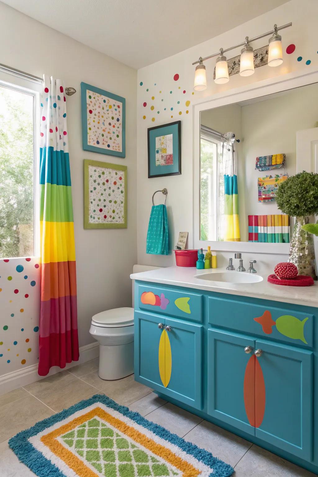 Colorful accessories that enliven the bathroom space.