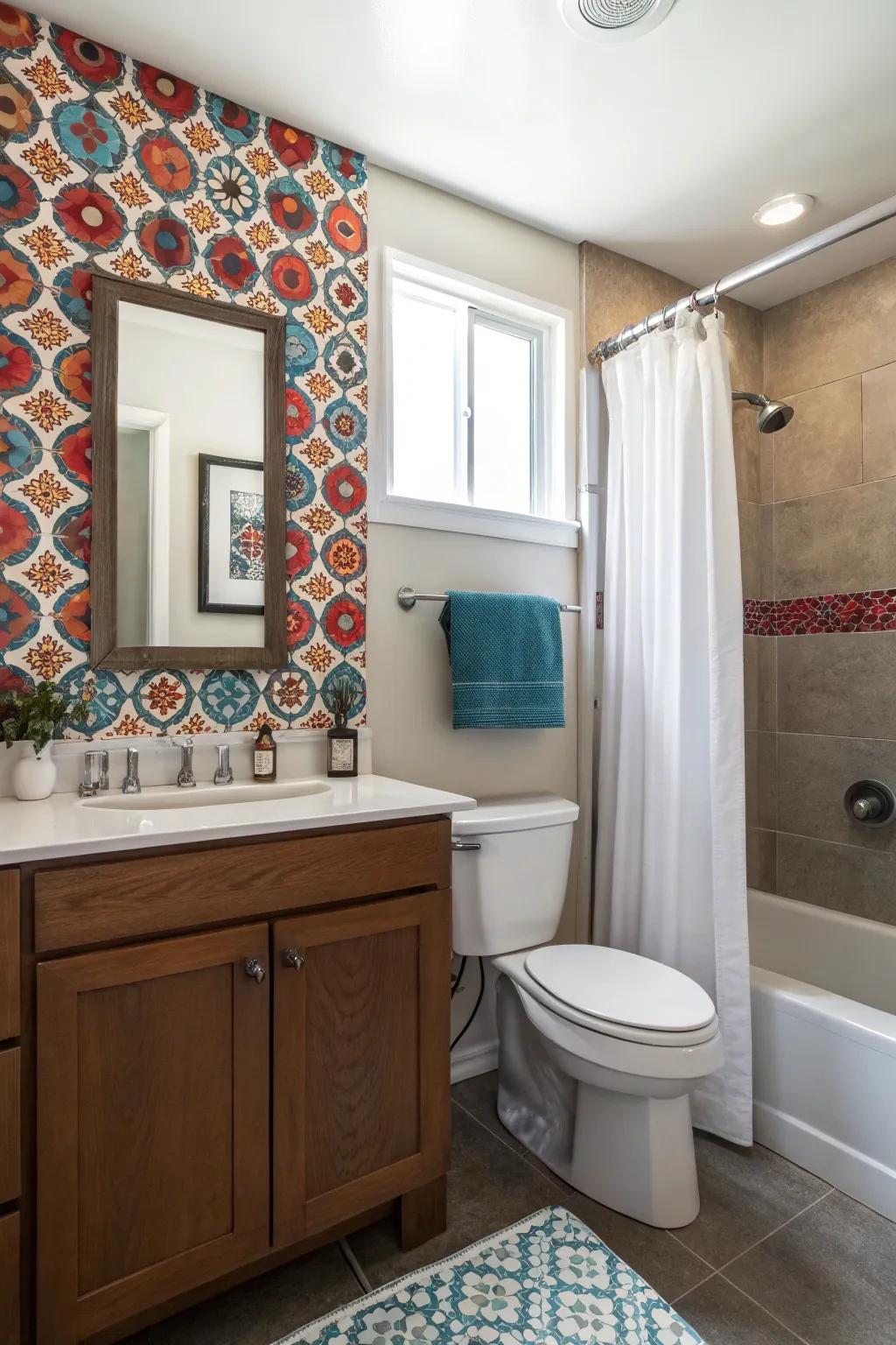 Vibrant accent wall adding personality to a teen's bathroom.