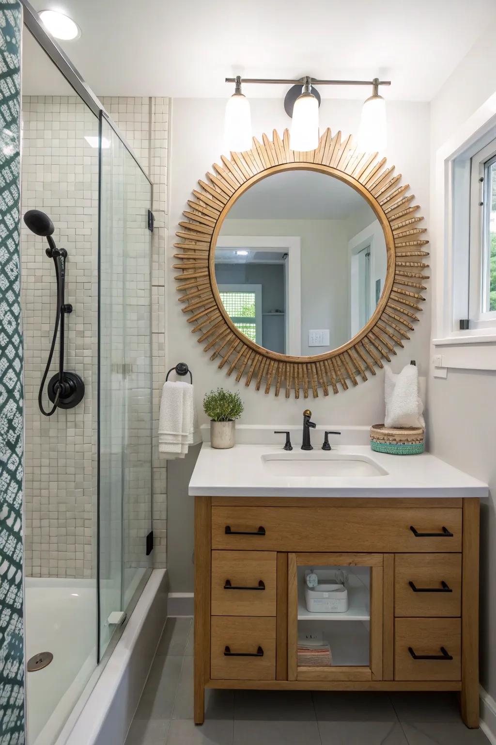 A bold mirror that enhances light and space in the bathroom.