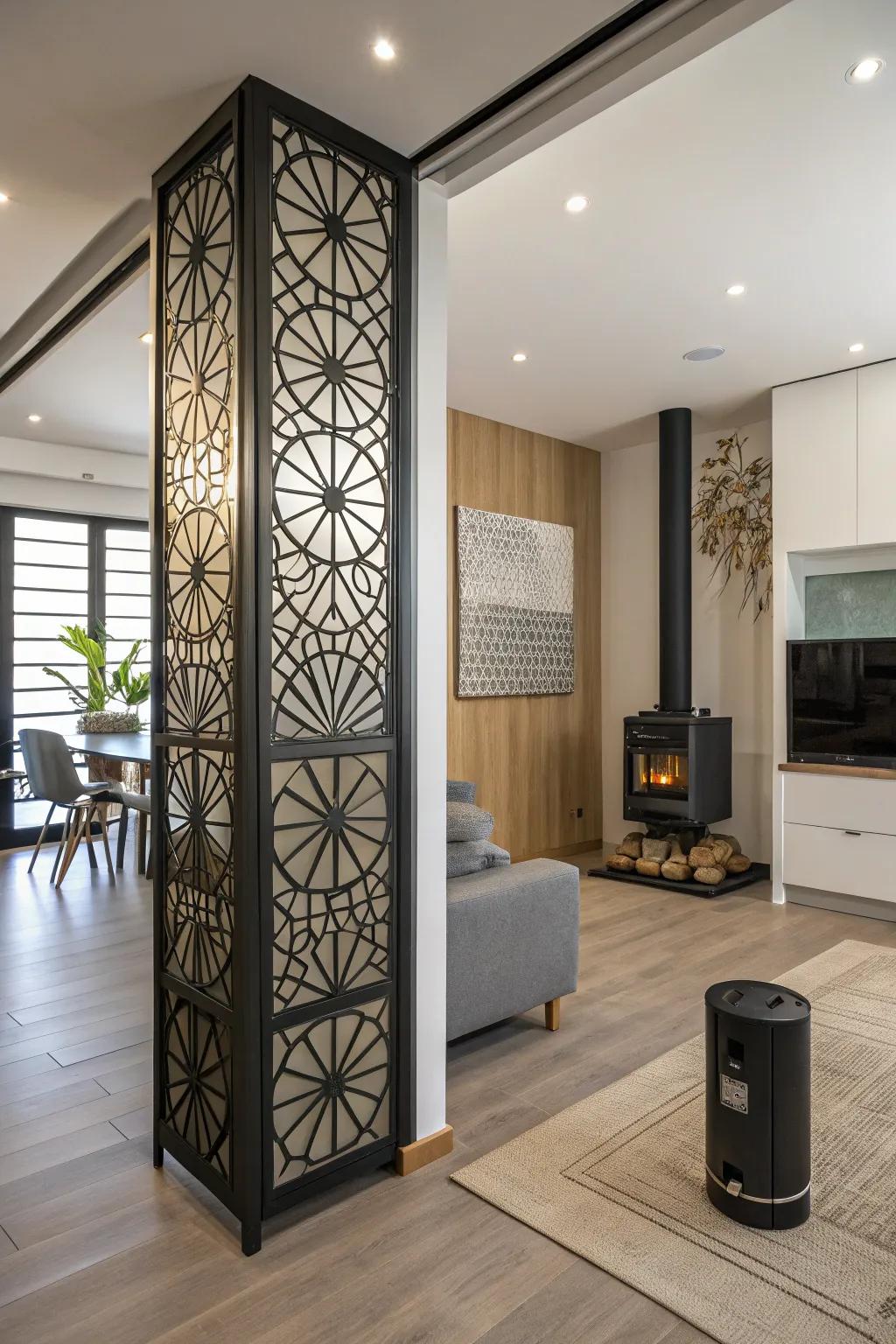 Artistic room divider hiding utilities