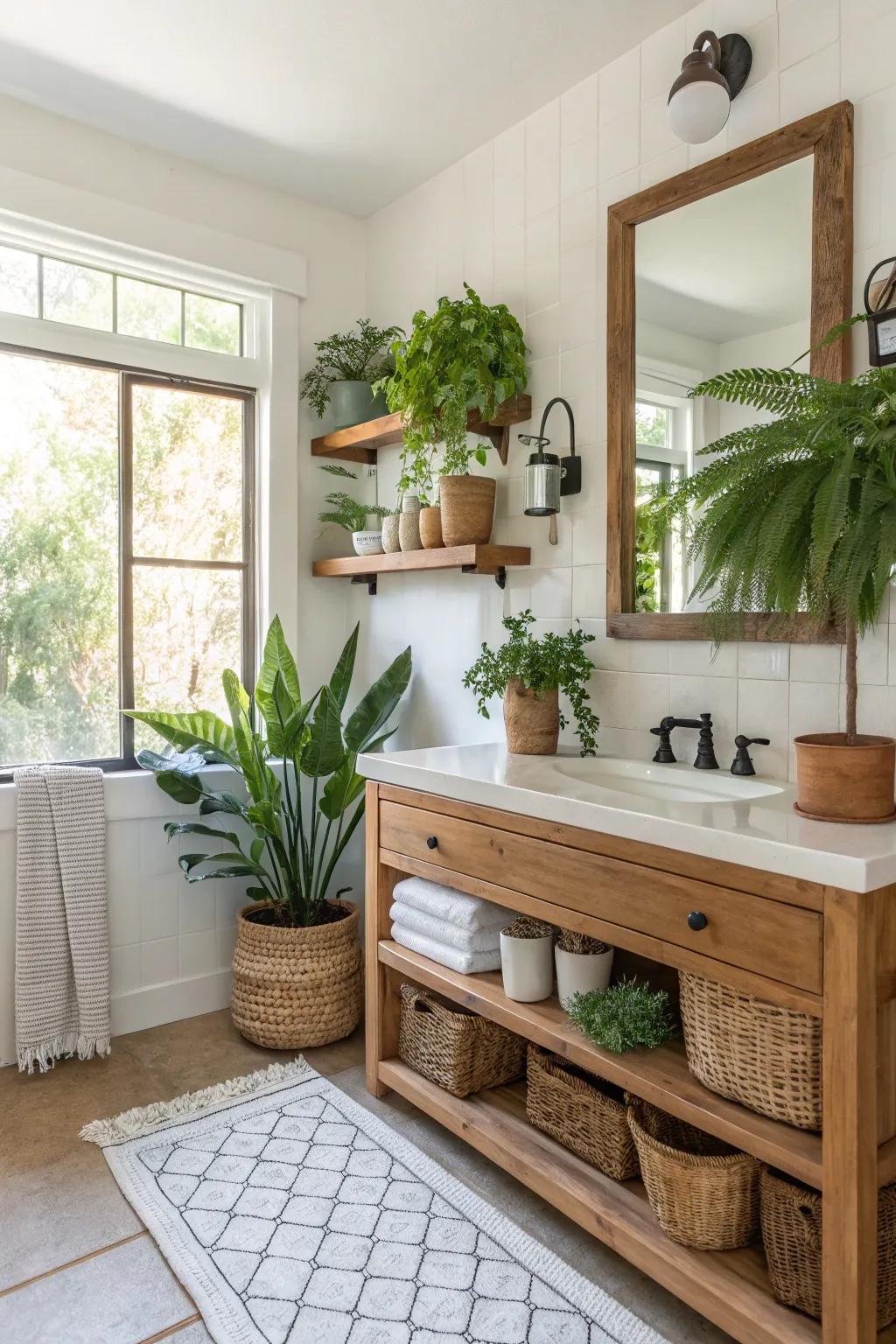 Wood accents and lush plants create a tranquil guest bathroom.