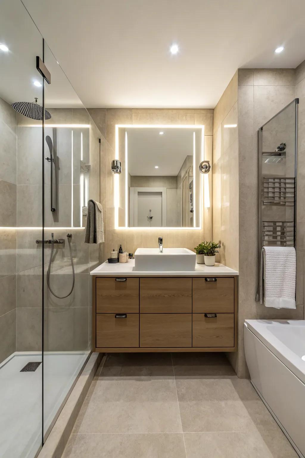Sleek minimalist bathroom design with neutral tones.