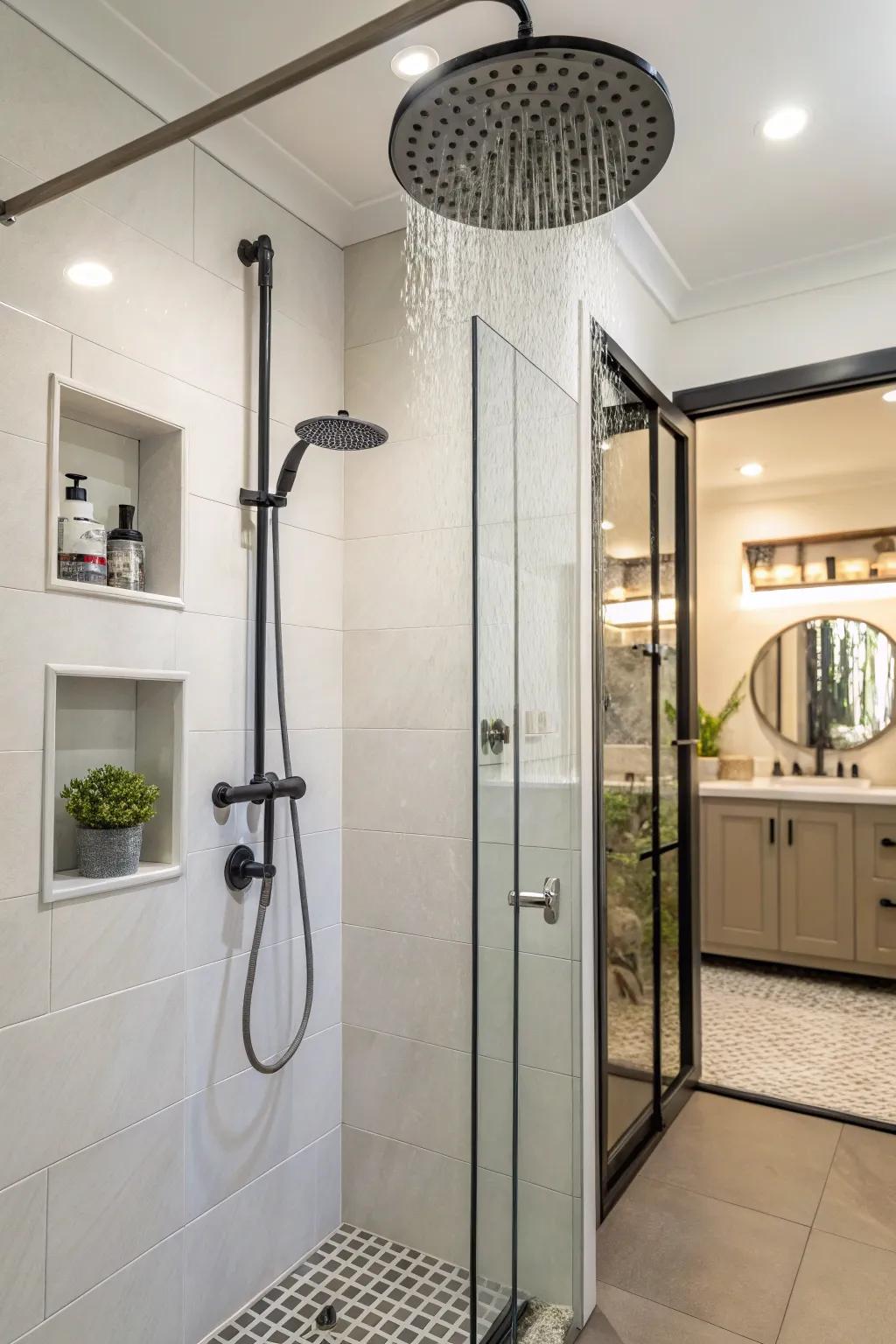Luxurious rain showerhead enhances the guest bathroom experience.