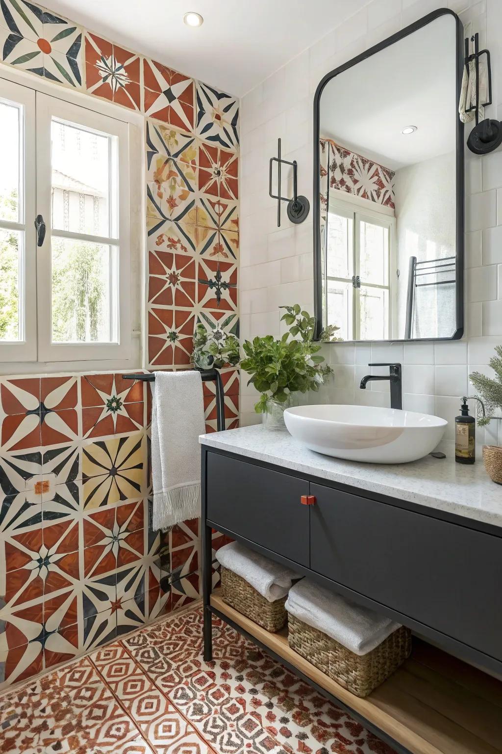 Vibrant patterned tiles add character to this guest bathroom.