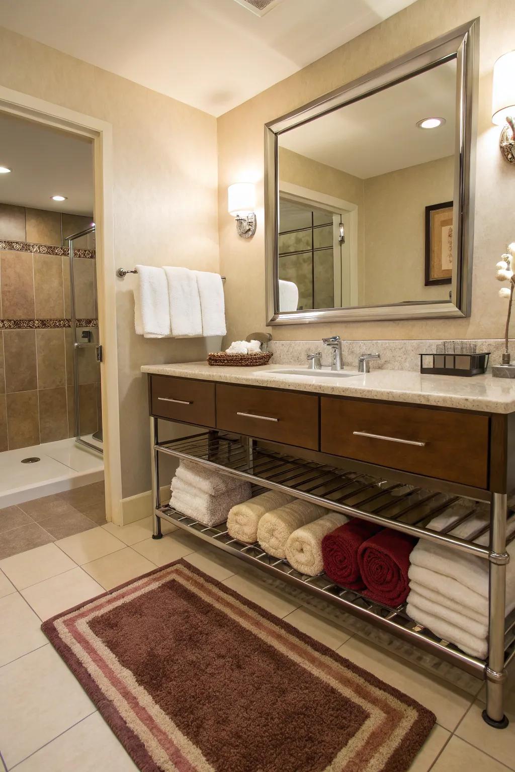 Soft towels and rugs add warmth to this guest bathroom.