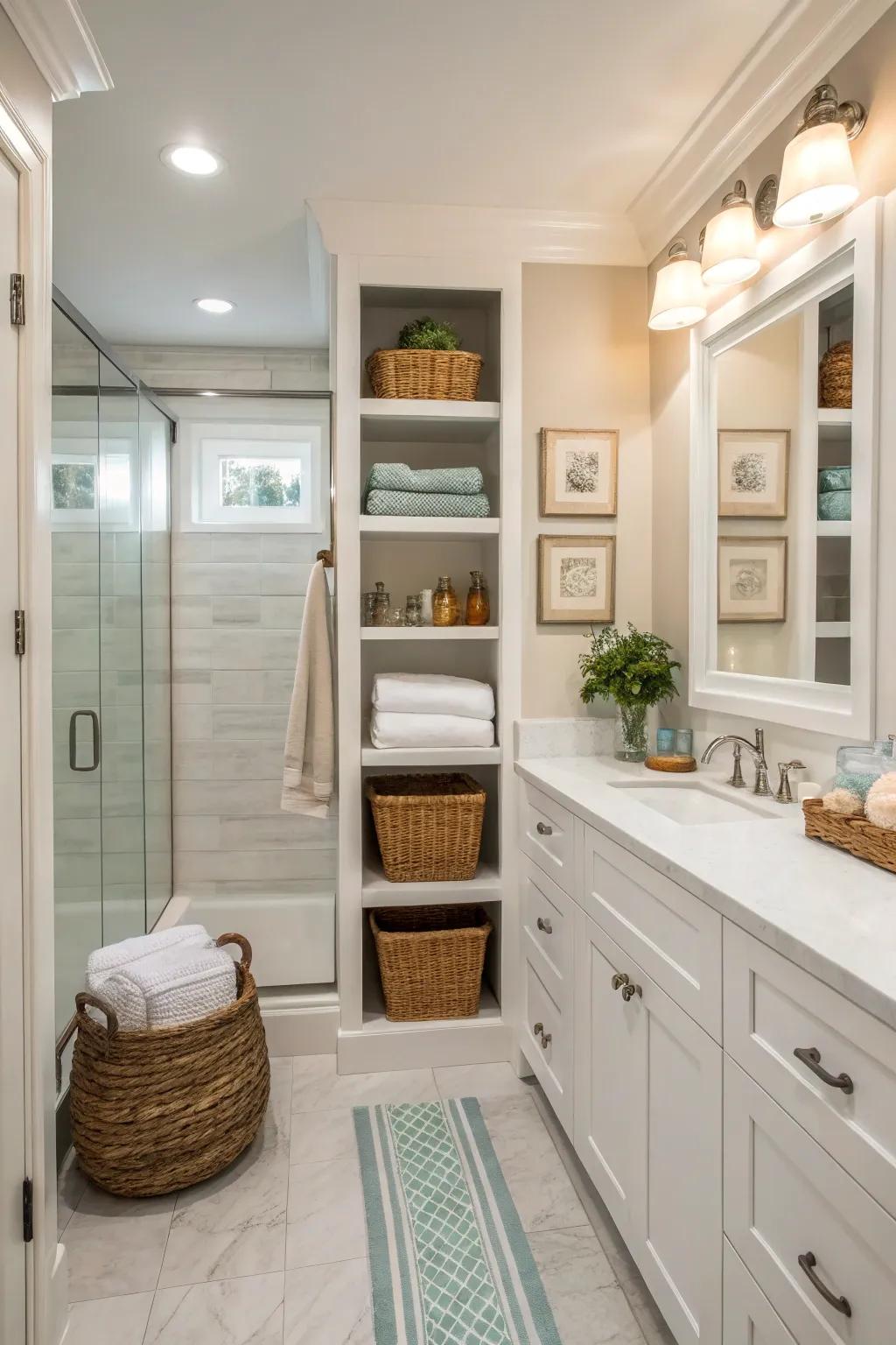 Well-organized storage solutions keep this guest bathroom tidy.