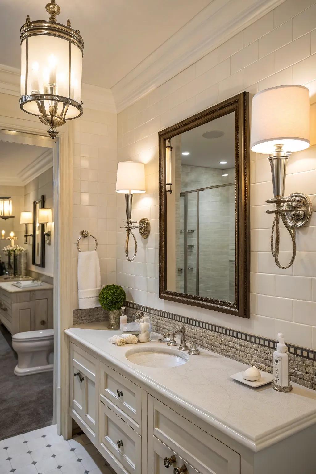 Sophisticated lighting adds warmth and elegance to this guest bathroom.
