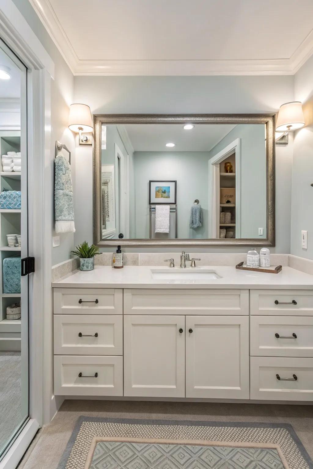 A distinctive mirror serves as a focal point in this guest bathroom.
