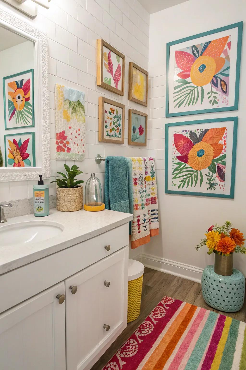 Artistic prints add color and personality to this guest bathroom.