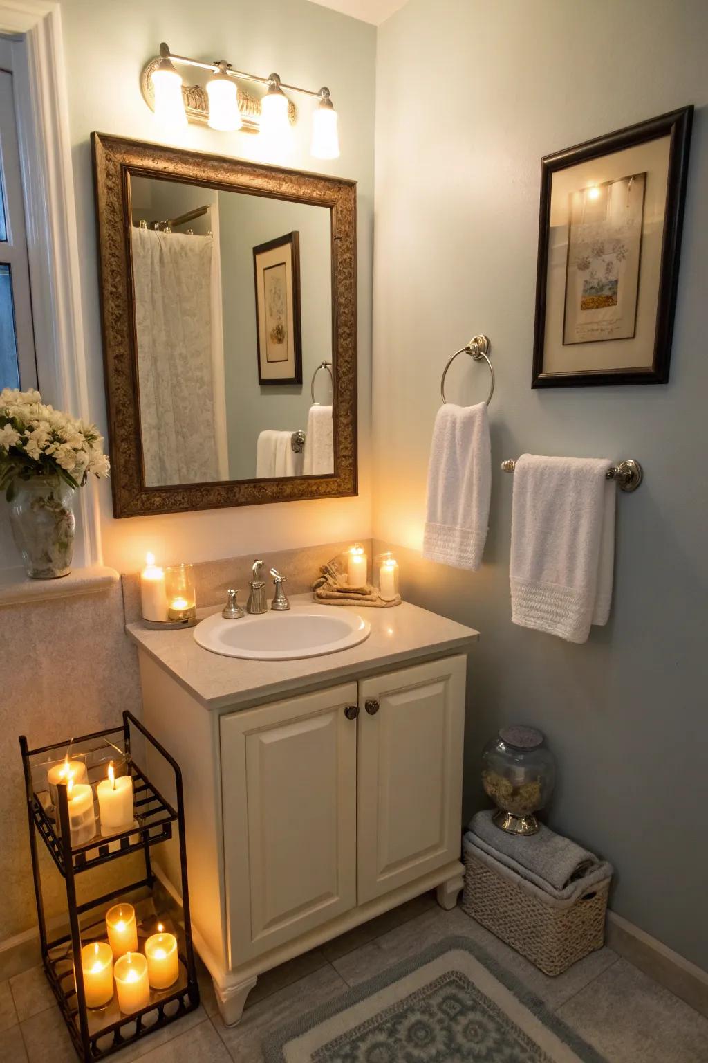 Aromatic candles create a soothing bathroom atmosphere.