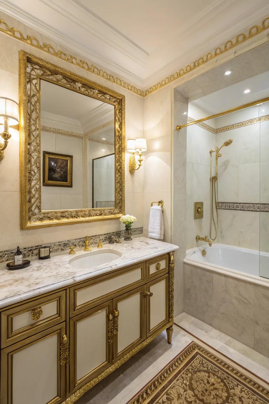 Gold fixtures add warmth and luxury to this guest bathroom.