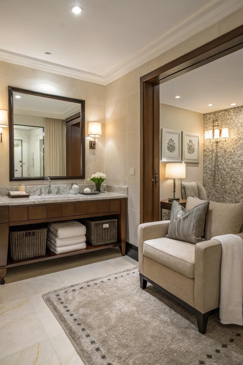 Compact seating adds functionality to this guest bathroom.