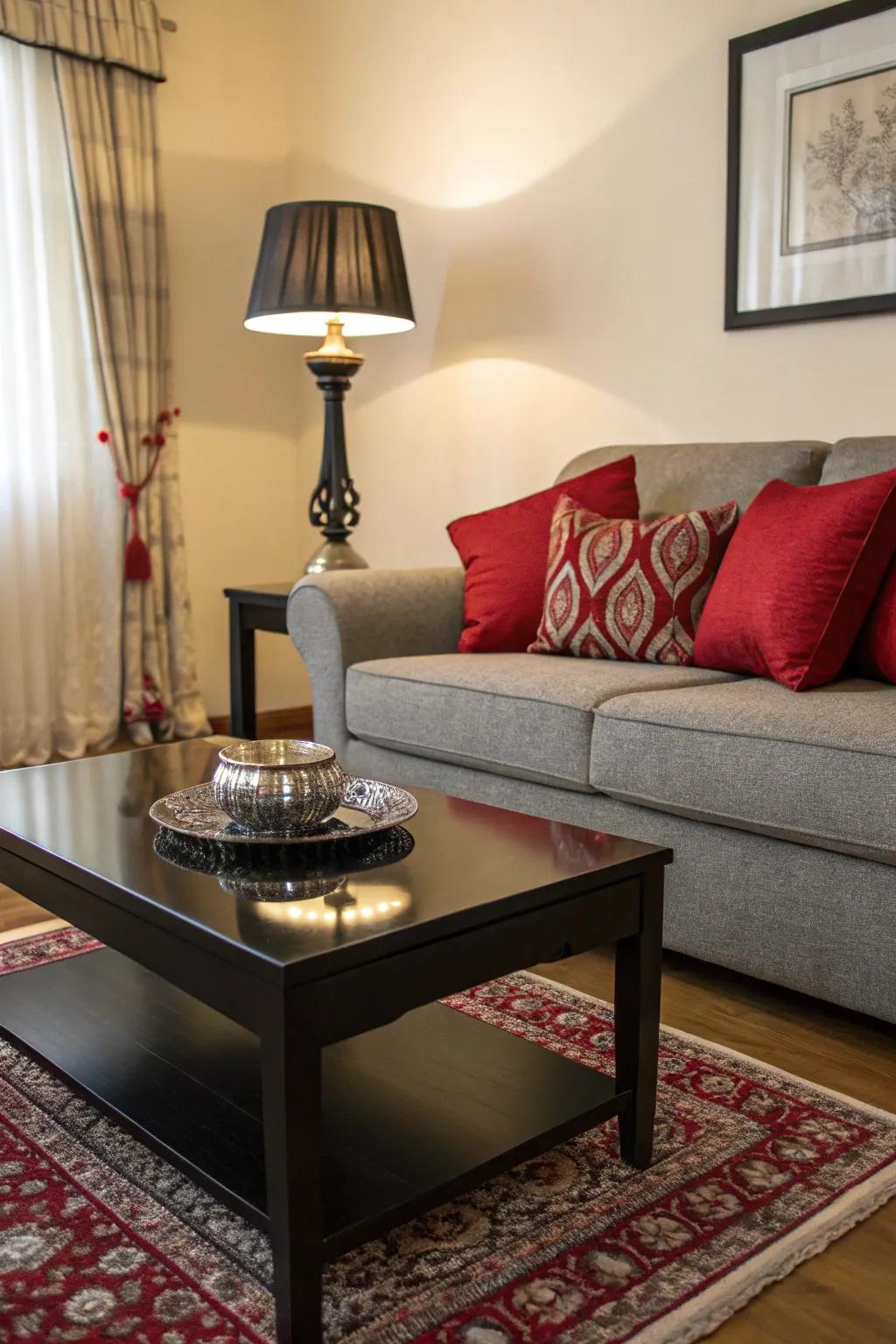 Elegant black furniture pieces enhance a grey and red living room.