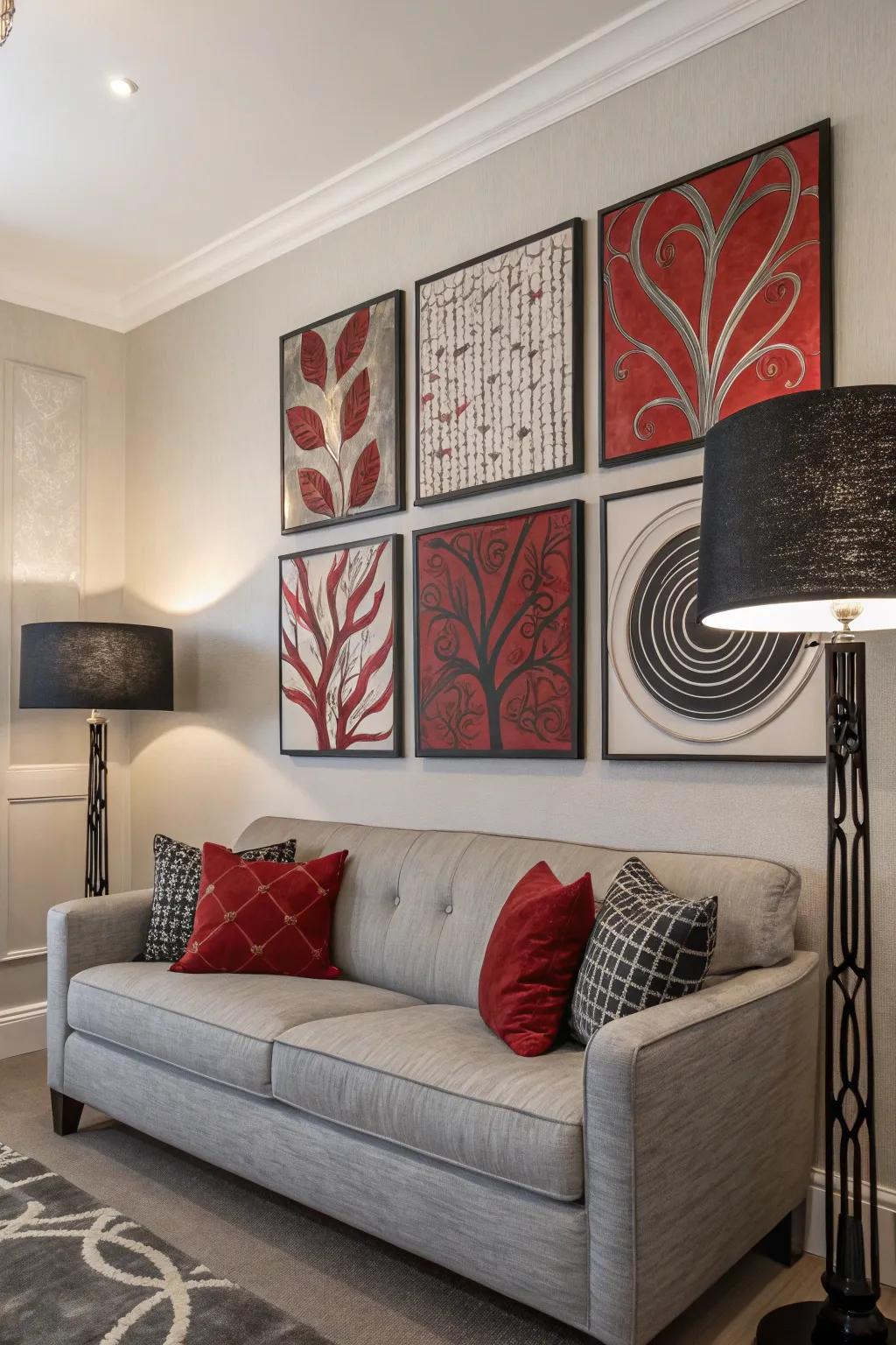 Bold abstract art in red, black, and grey energizes the living room.