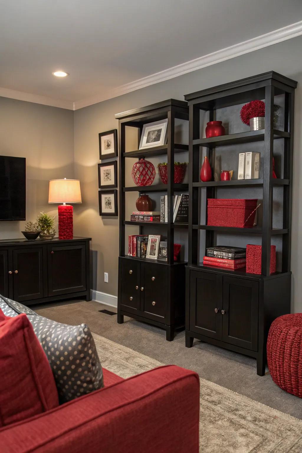 Black shelving adds depth and style to the living room.