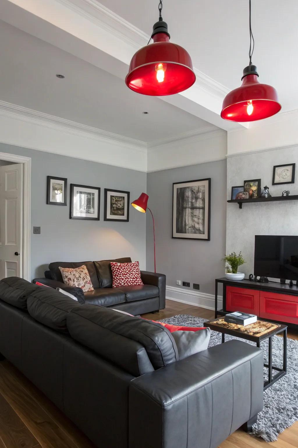 Red lighting adds warmth and complements grey and black decor.