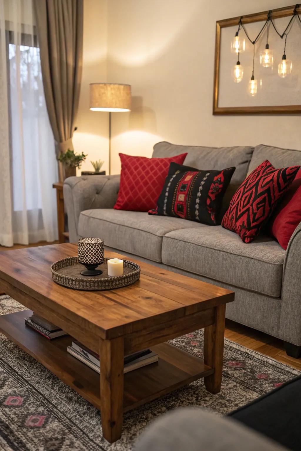 Grey sofa provides a neutral base for colorful accents.