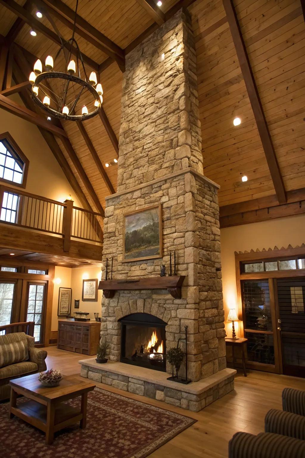Layered stone fireplace exuding rustic warmth in a room with high ceilings.