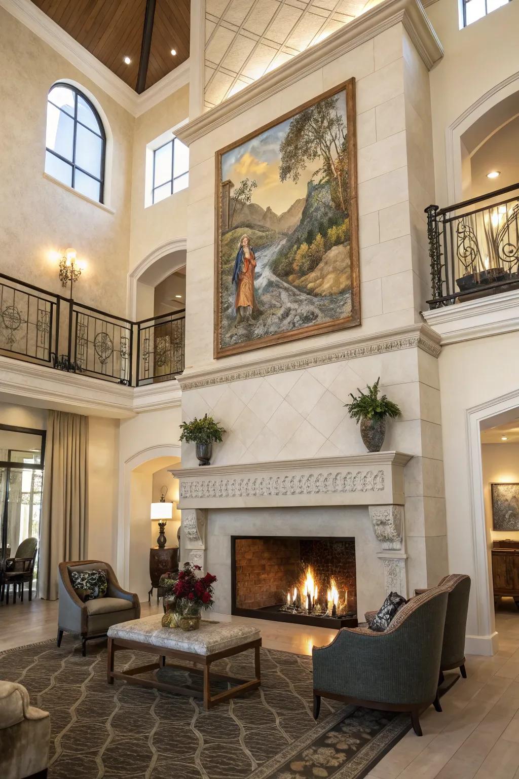 Two-story fireplace transformed into a personalized art piece with a custom mural.