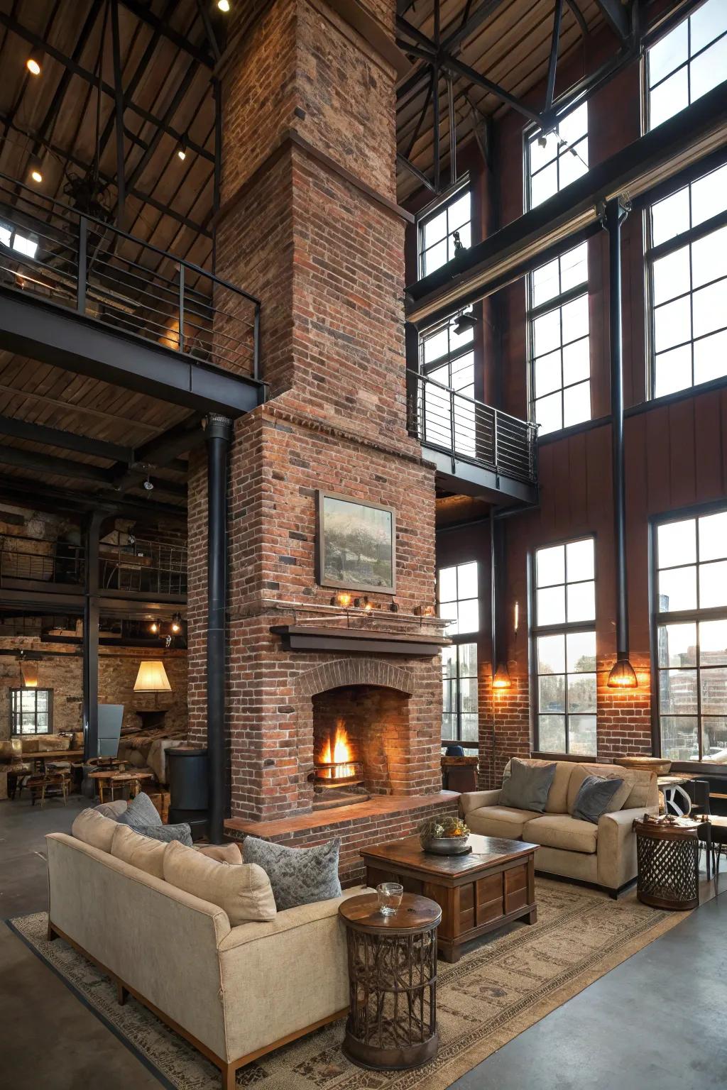 Exposed brick fireplace adding an urban industrial edge to a spacious room.