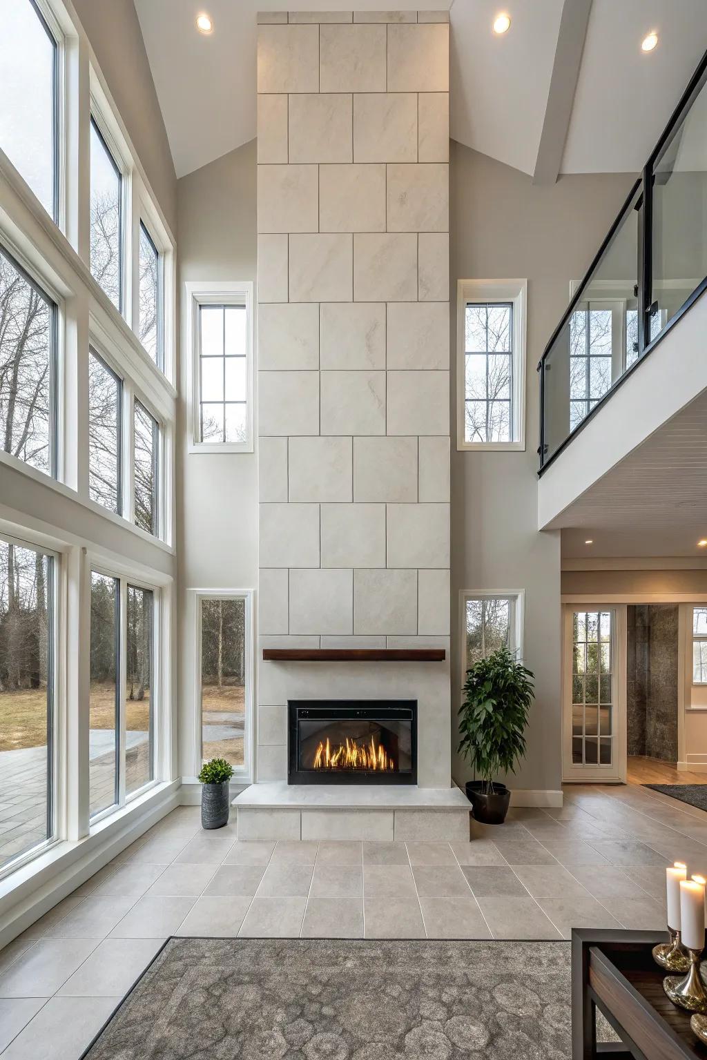 Oversized tiles delivering a seamless, bold aesthetic on a towering fireplace.