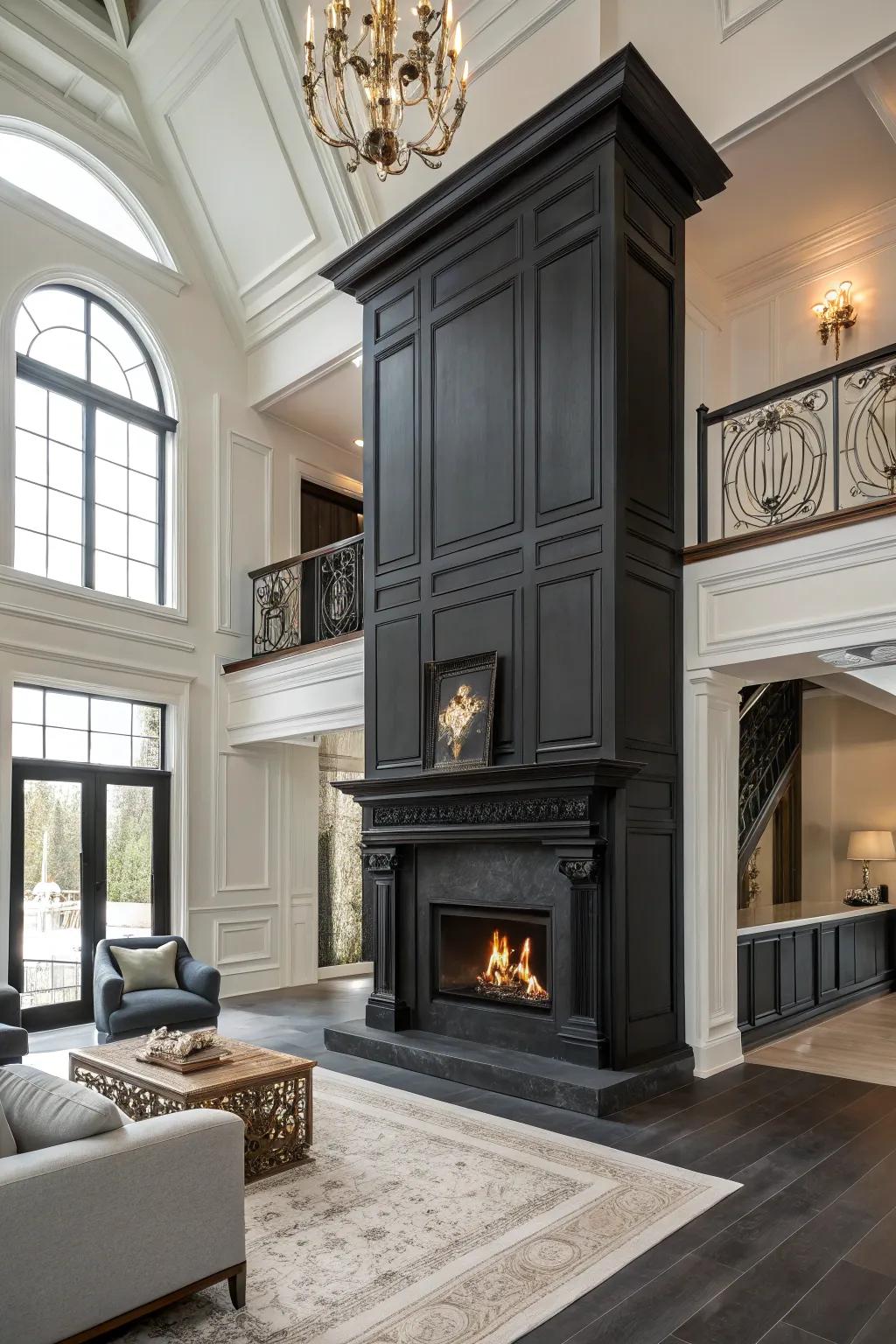Monochrome dark-painted fireplace creating a dramatic and refined atmosphere.