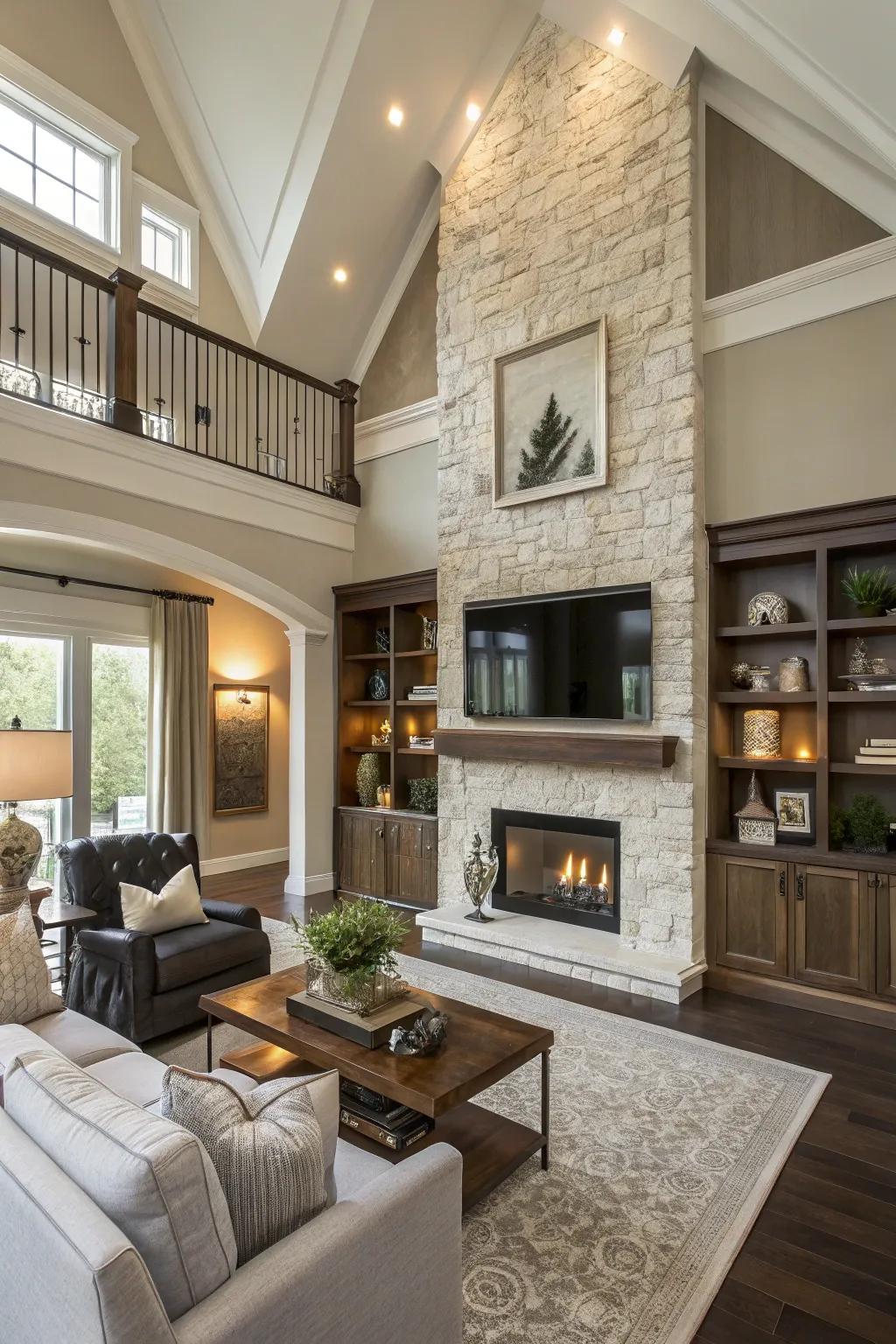 Smart use of space with functional shelving and mounts above a two-story fireplace.