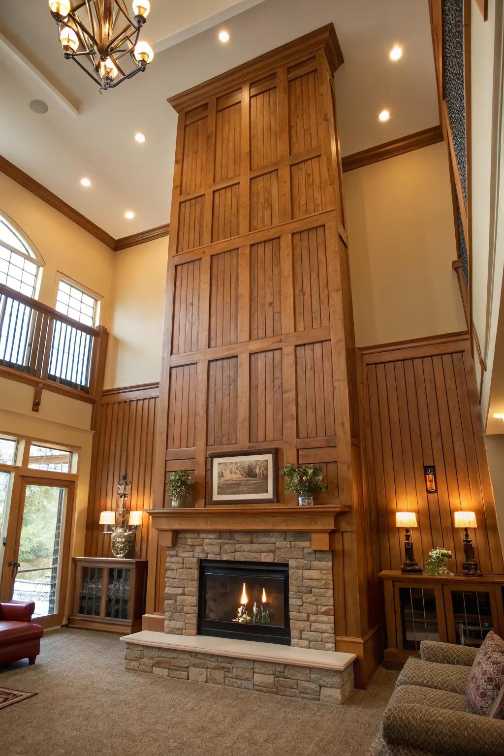 Vertical wood panels accentuating the height and texture of a two-story fireplace.