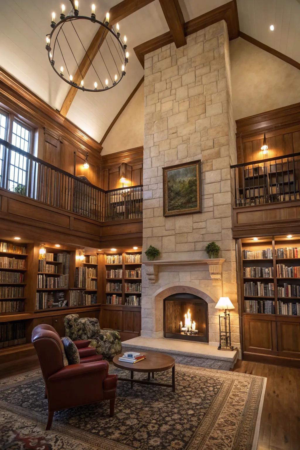 Library-inspired fireplace creating a warm and inviting reading nook.