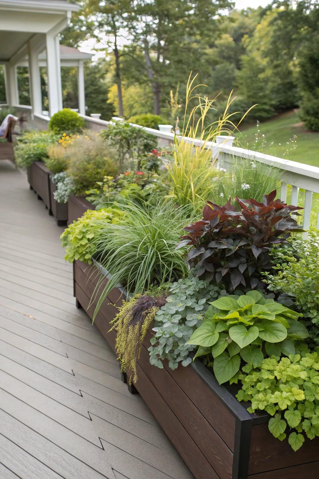 Layered planting provides depth and lushness to the deck's design.
