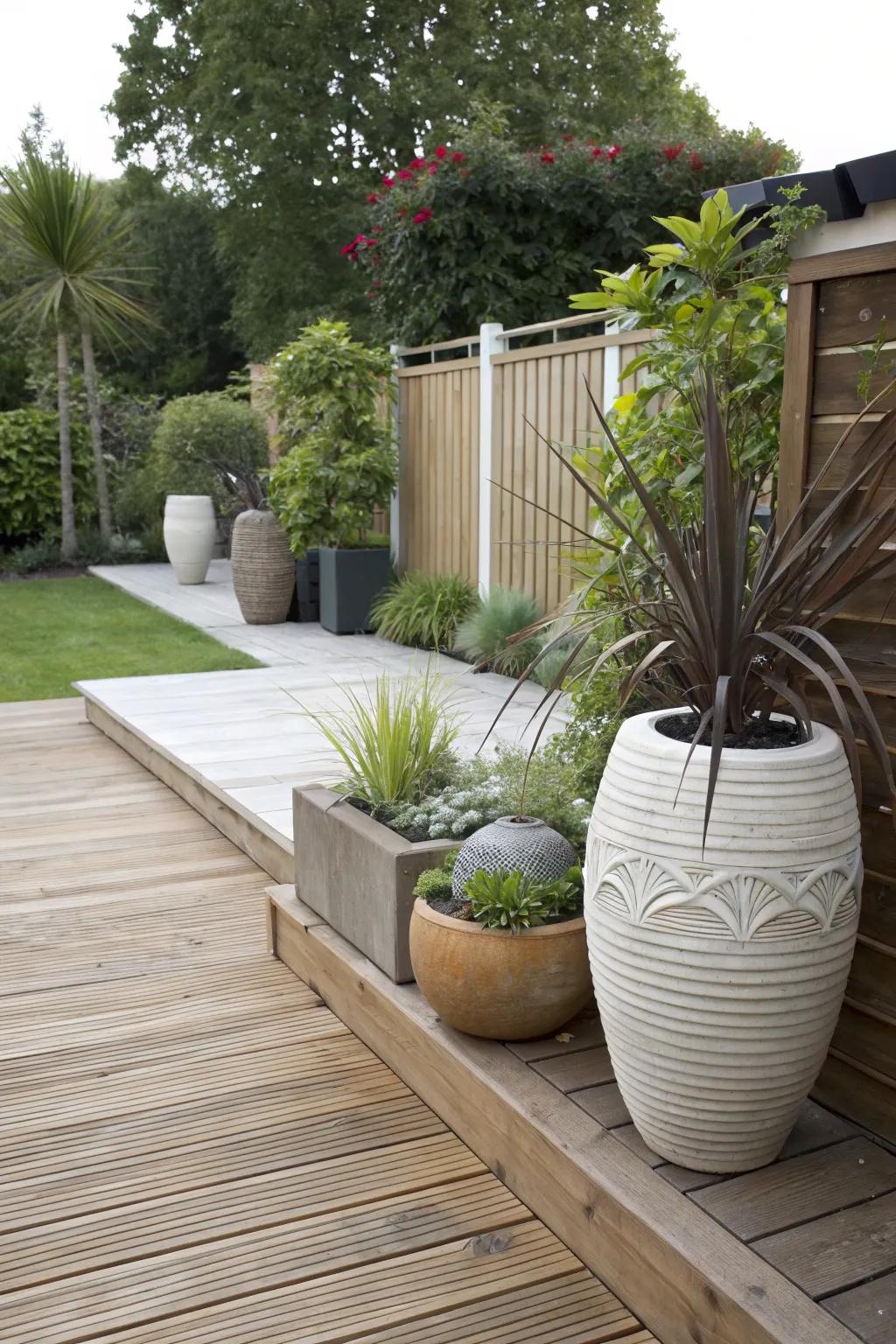 Sculptural planters add an artistic flair to the deck's aesthetic.