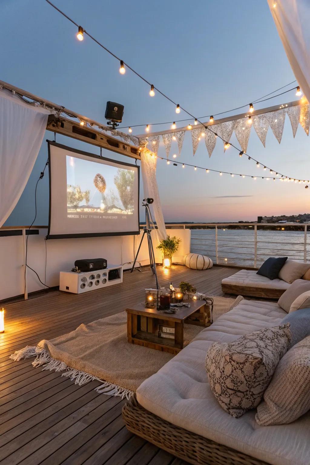 Deck arranged for outdoor movie nights.
