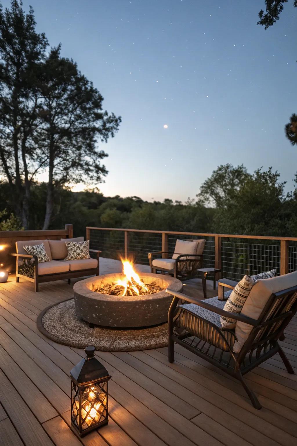 Deck centered around a warm fire pit.