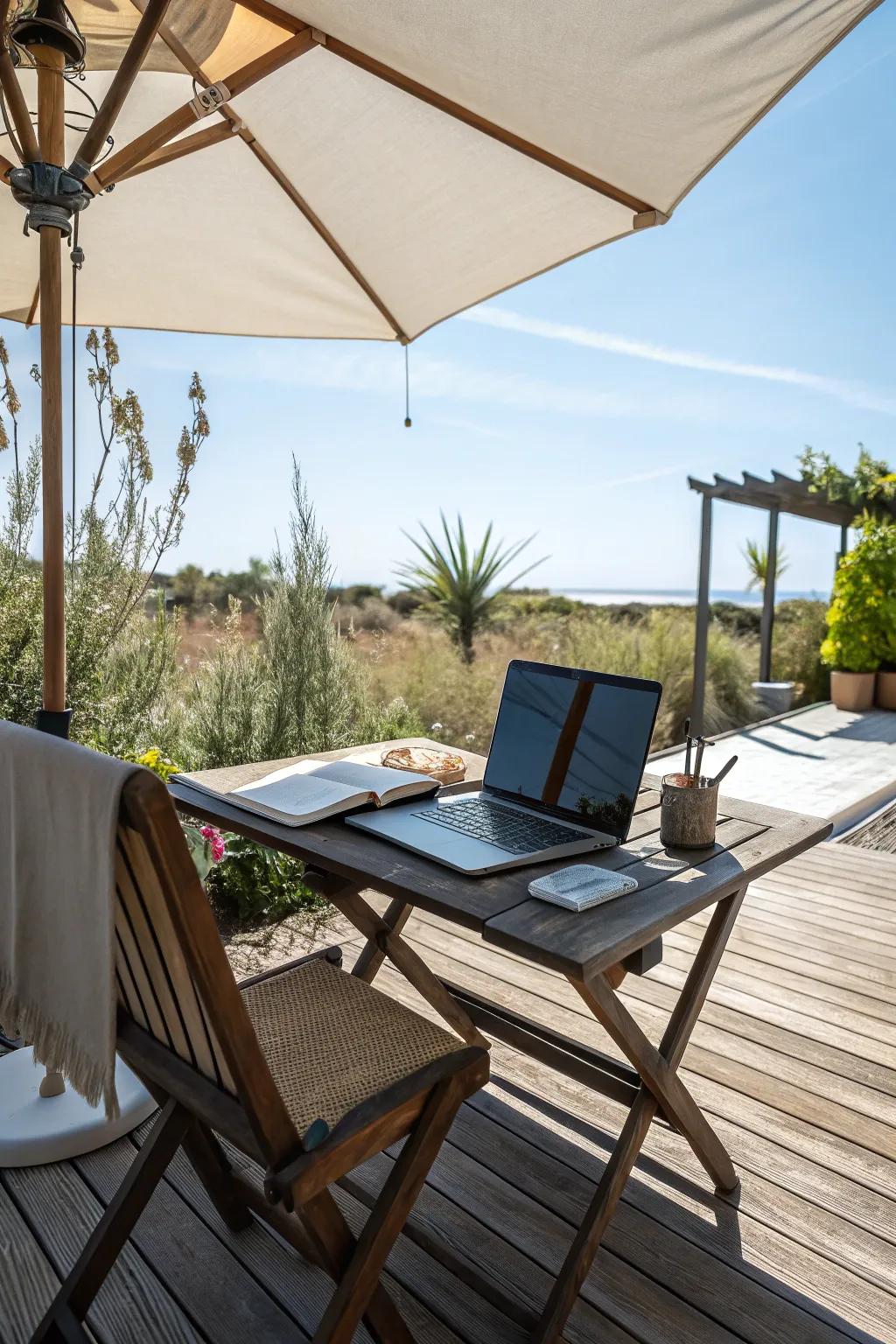 Functional work area on the deck for remote work.