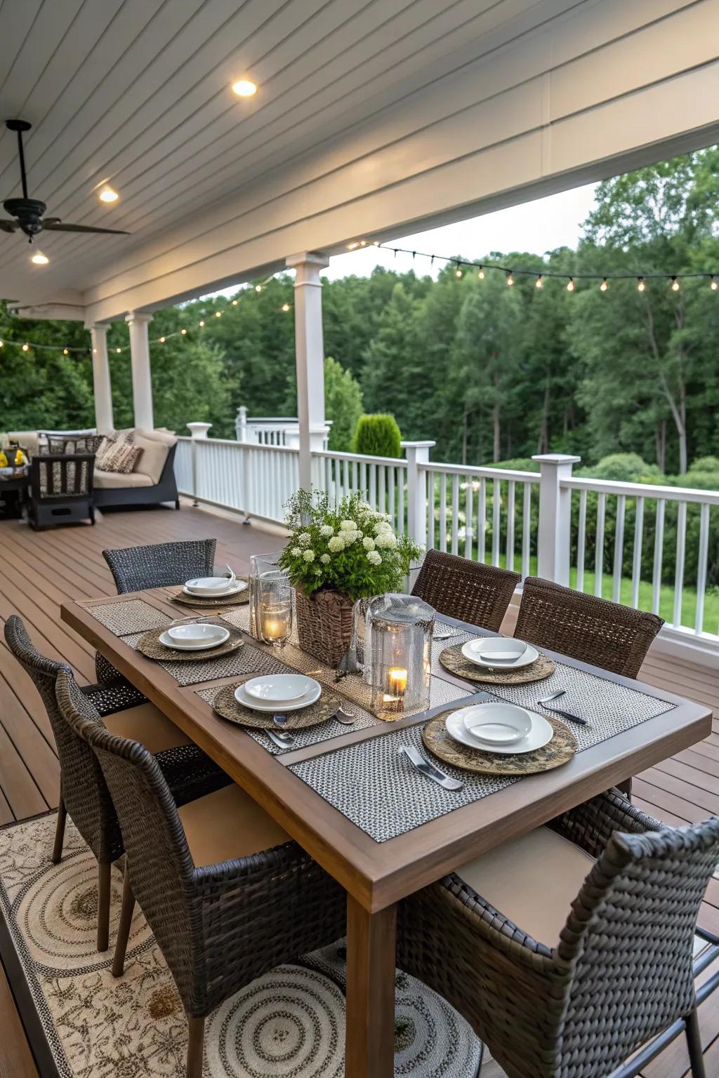 Sophisticated outdoor dining area on a large deck.