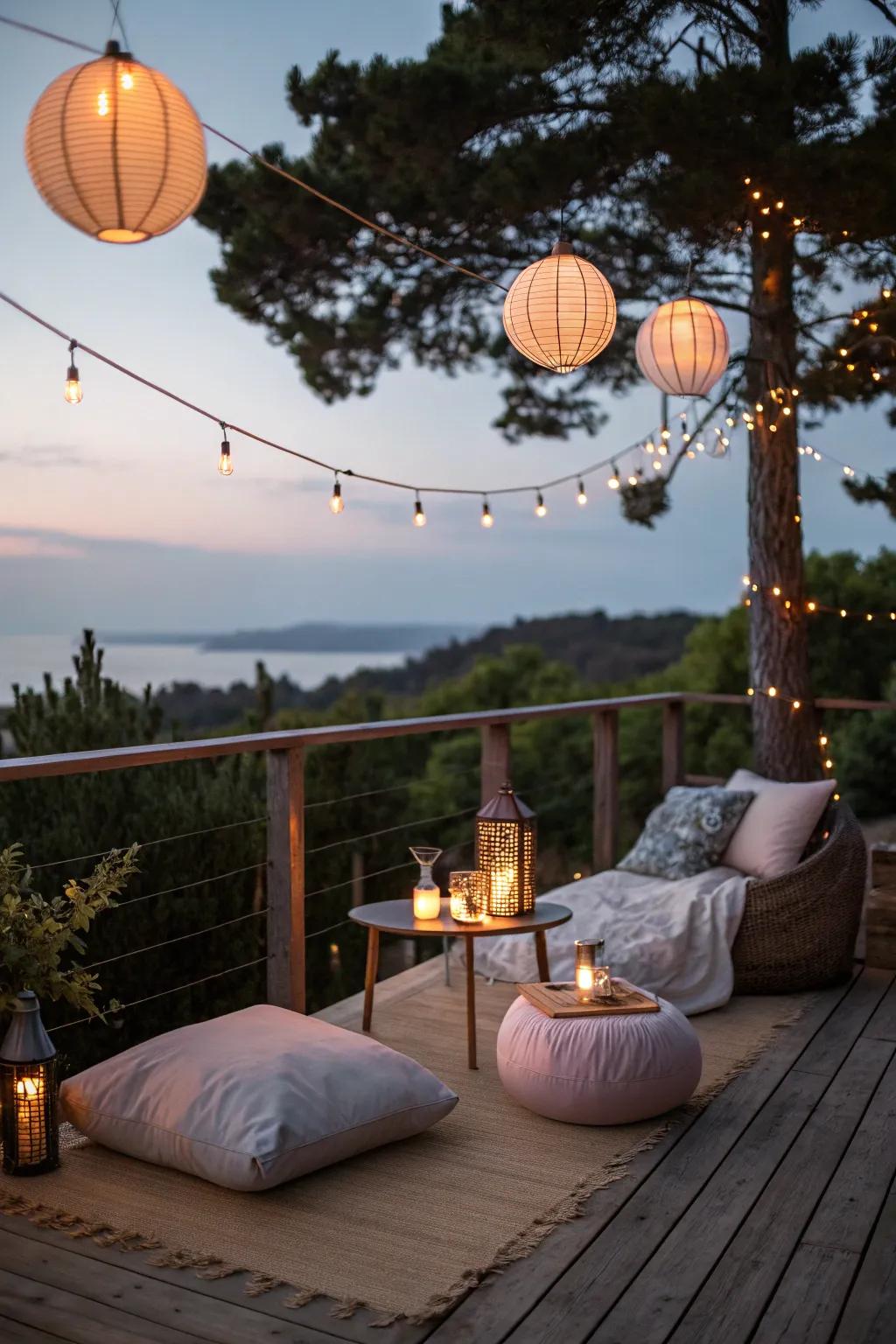 Inviting evening ambiance on a deck.