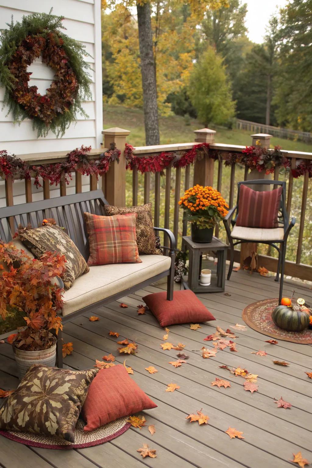 Deck showcasing seasonal decorations.