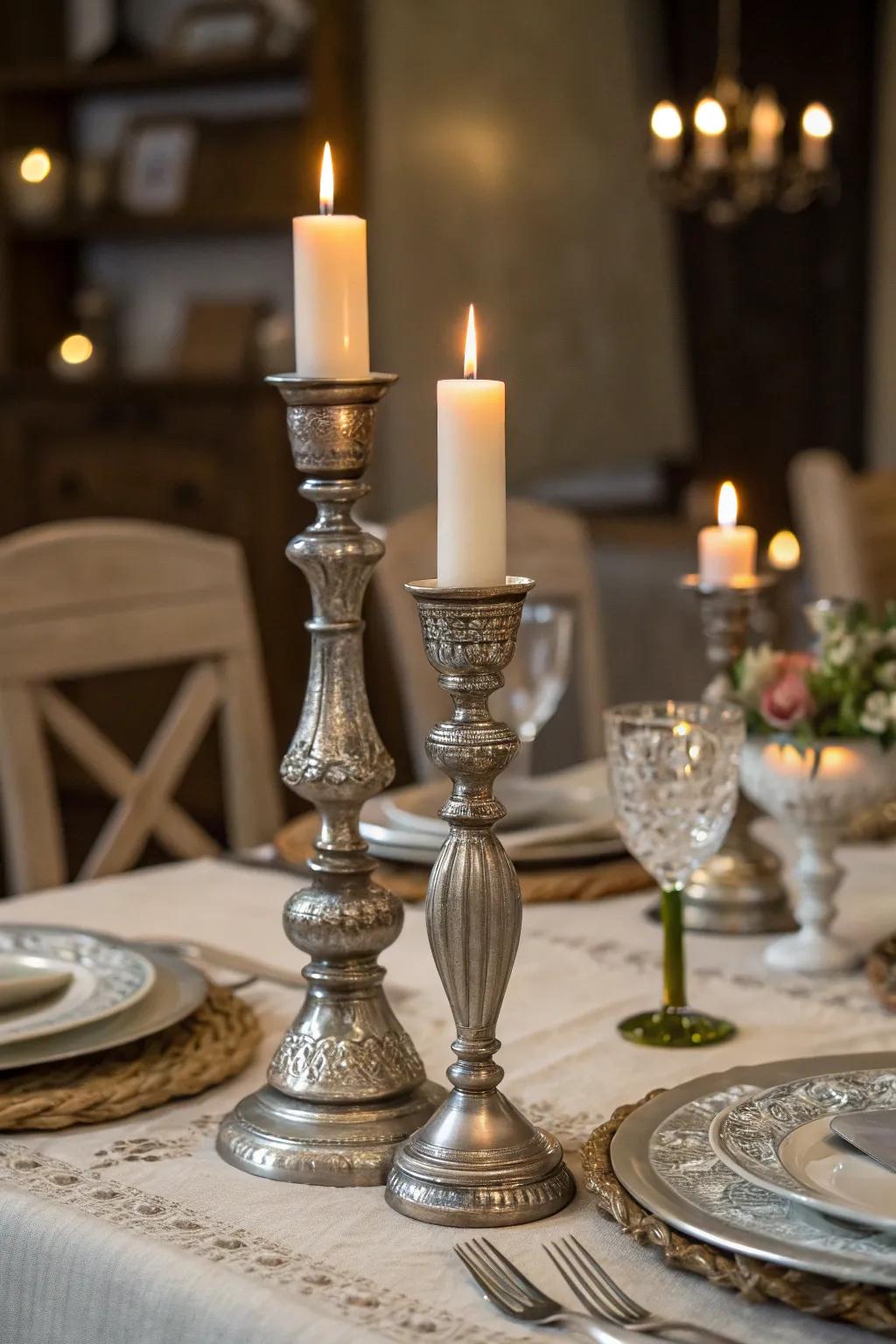 Graceful pewter candle holders create cozy ambiance.