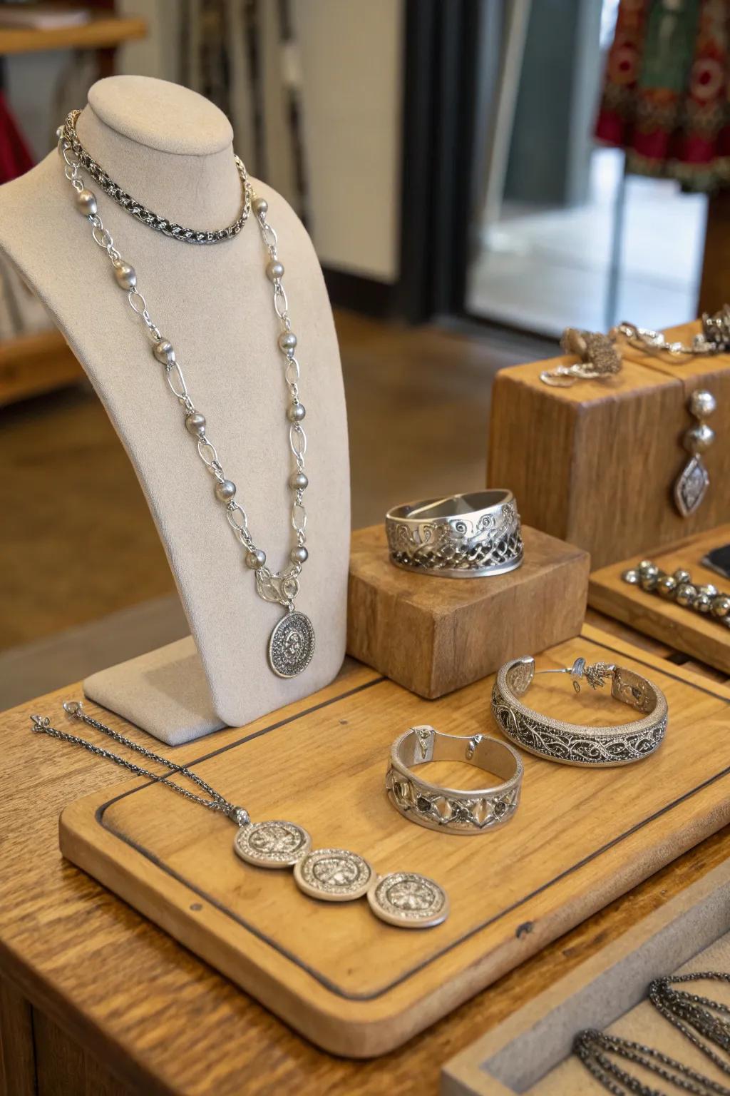 Unique pewter jewelry pieces express individuality.